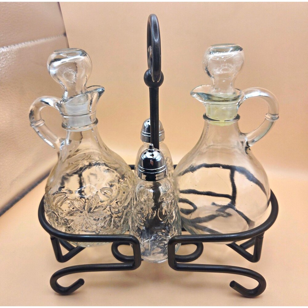 Vintage 5-Piece Floral Glass Cruet Set w/ Lids, Shakers & Black Metal Caddy